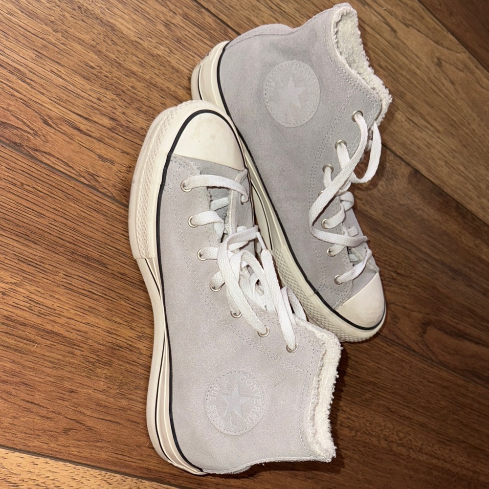 Converse Gray High-Top Sneakers with White Laces, with fur